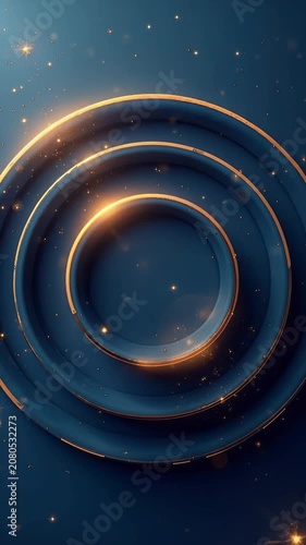 Abstract concentric rings glow with golden light against dark blue background. Soft particles drift around circular shapes. Ethereal and futuristic visual for tech or science themes