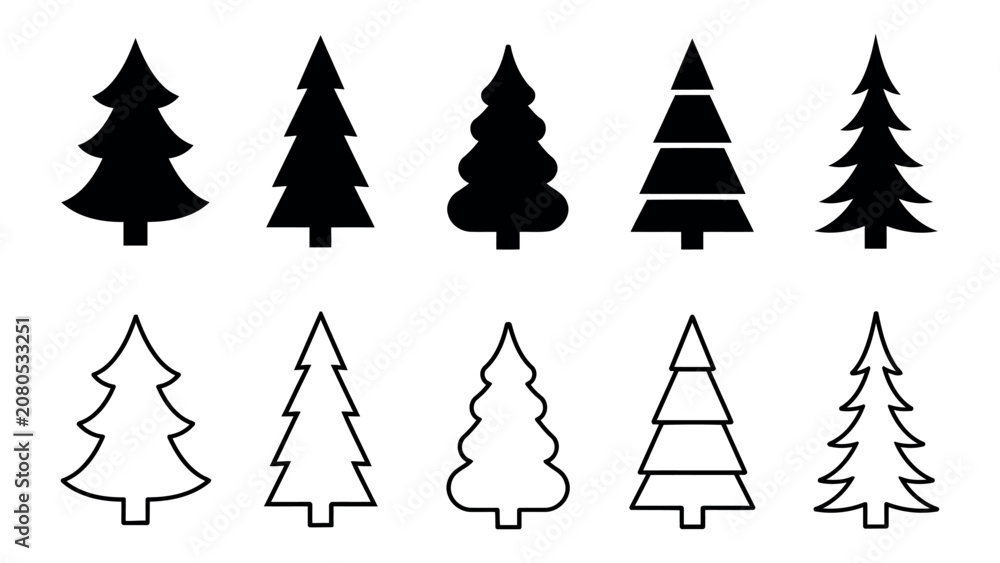 Obraz premium christmas tree silhouettes and outlines vector illustration