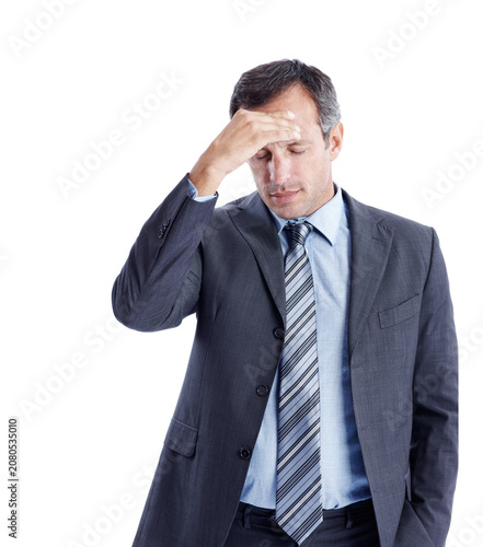 Canvastavla Businessman, headache and stress in studio with burnout, financial crisis or frustrated for bad economy