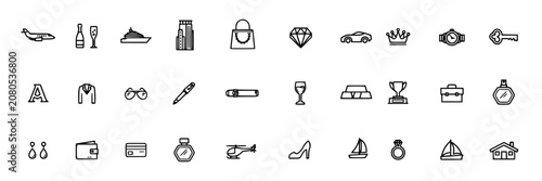 Icon Set of Luxury Lifestyle Symbols Including Travel, Fashion, Cars, Shopping, Drinks, and Home Essentials on White Background