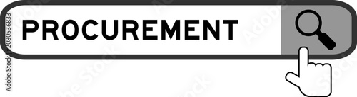 Search banner in word procurement with hand over magnifier icon on white background