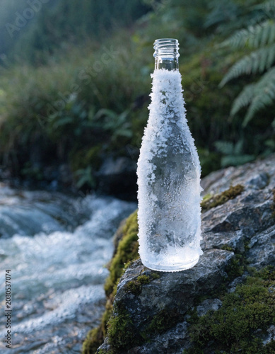 Chilled Glass Water Bottle Covered in Ice Crystals sitting on Rocks by a Forest Stream