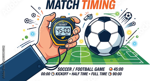 Soccer match timing concept with referee stopwatch and football field background football stopwatch countdown competition strategy tournament equipment halftime fulltime championship