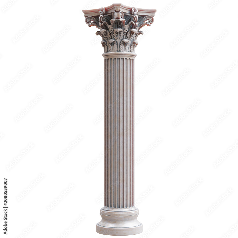 Obraz premium Ornate fluted marble Corinthian column with a carved acanthus capital, isolated on white transparent