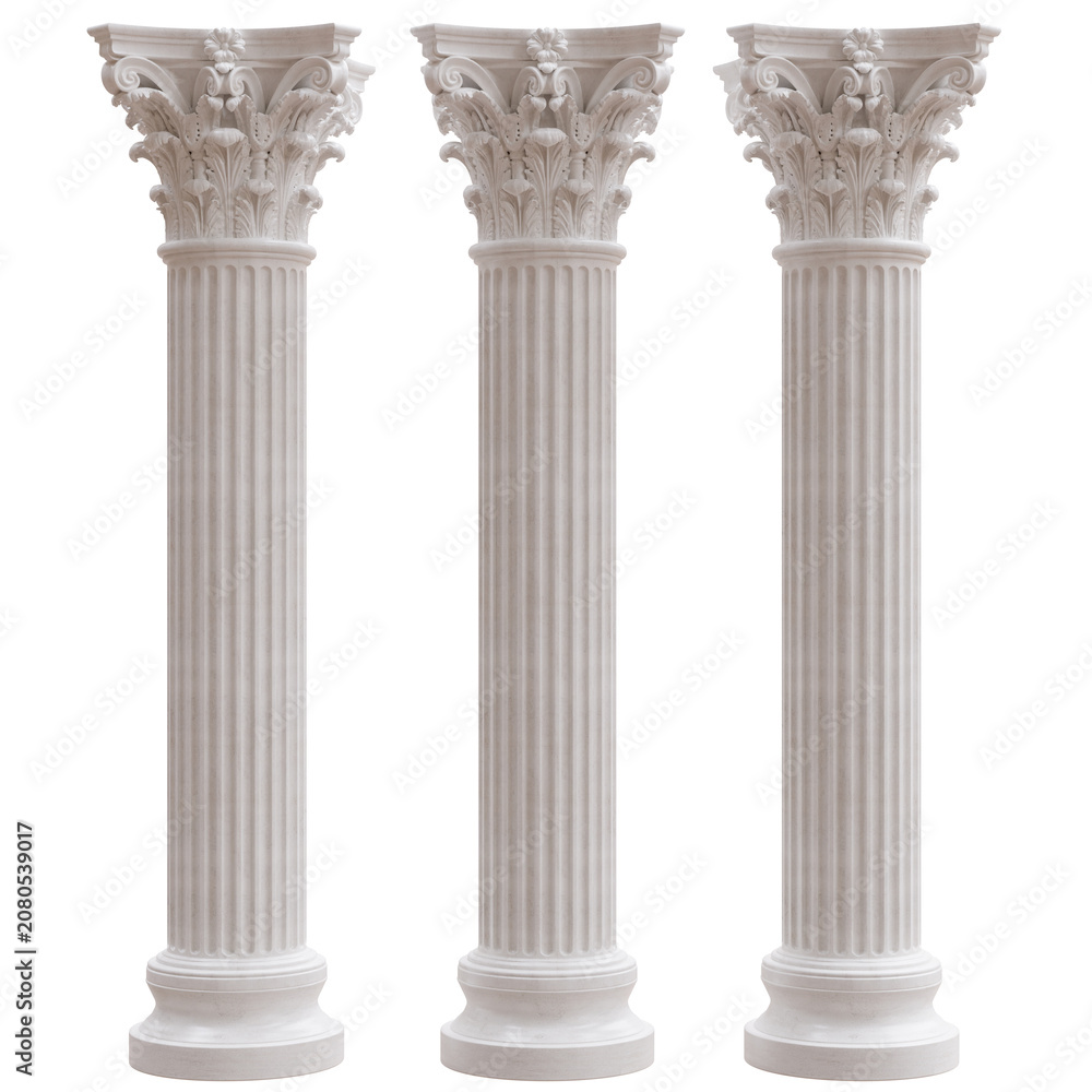 Obraz premium Three ornate white marble Corinthian columns feature fluted shafts and carved acanthus capitals, isolated on white transparent