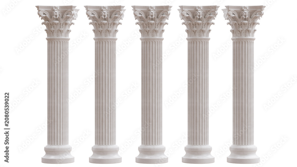 Obraz premium Five fluted Corinthian marble columns with ornate acanthus capitals, isolated on white transparent for classical architectural design
