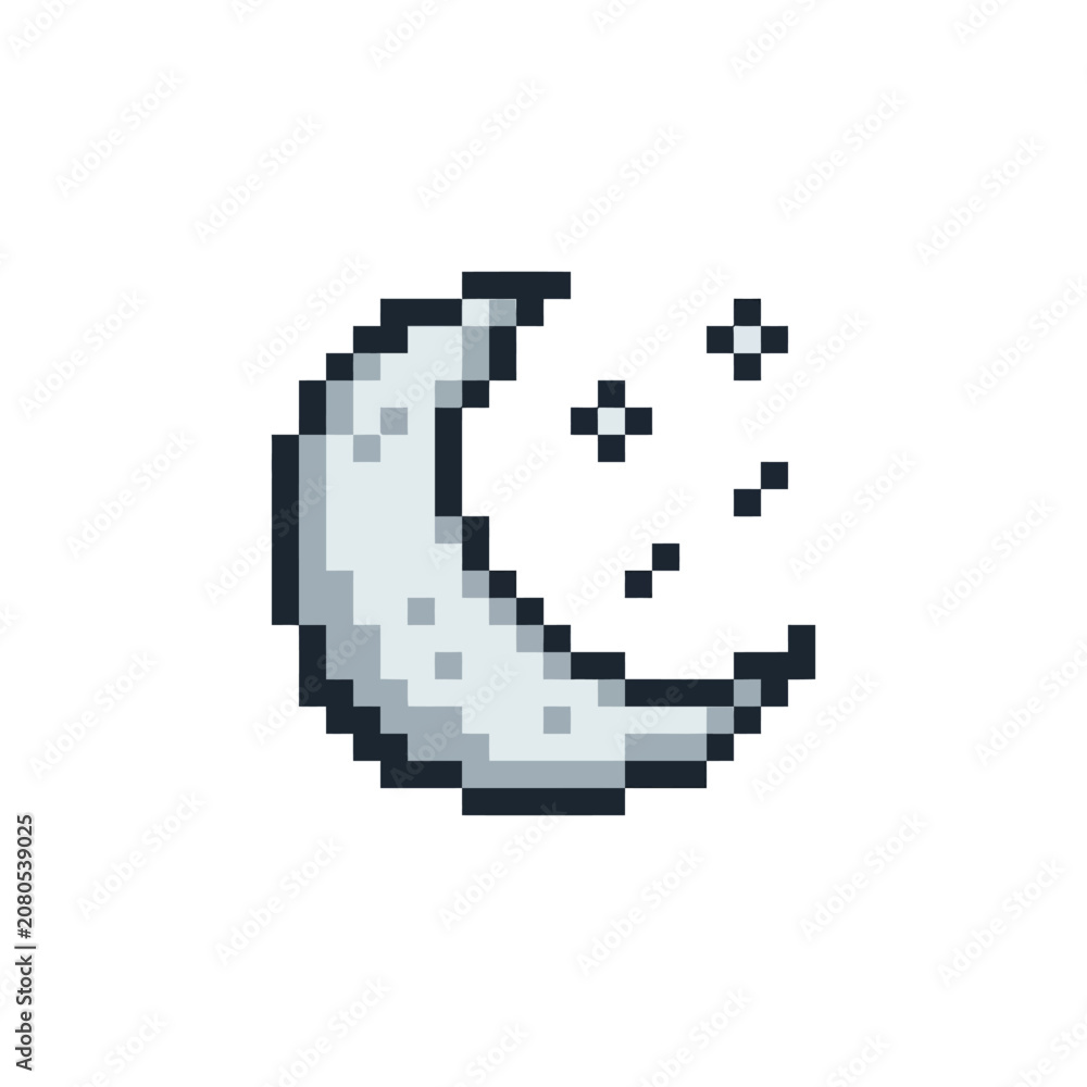 Fototapeta premium Pixel art crescent moon smiling face.