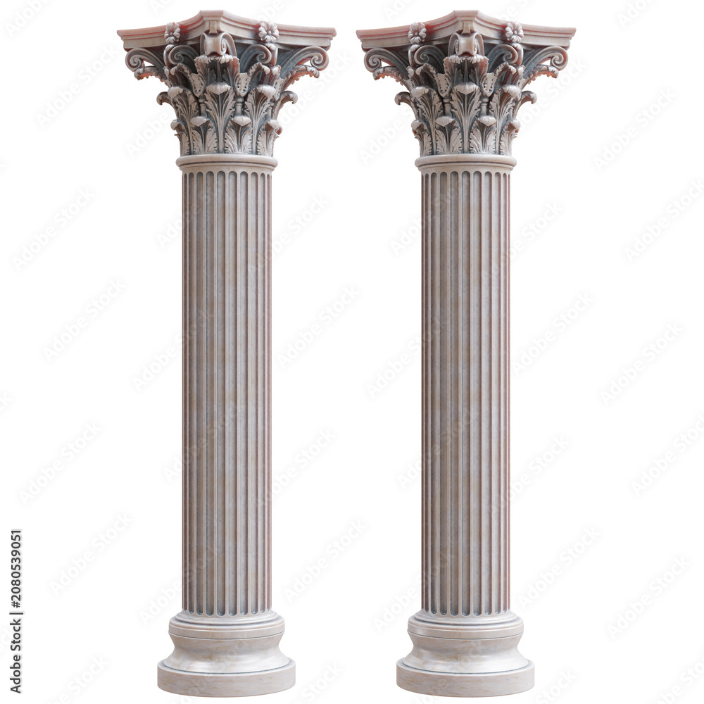 Obraz premium Two ornate Corinthian marble columns isolated on white transparent, featuring fluted shafts, carved acanthus capitals, and round bases