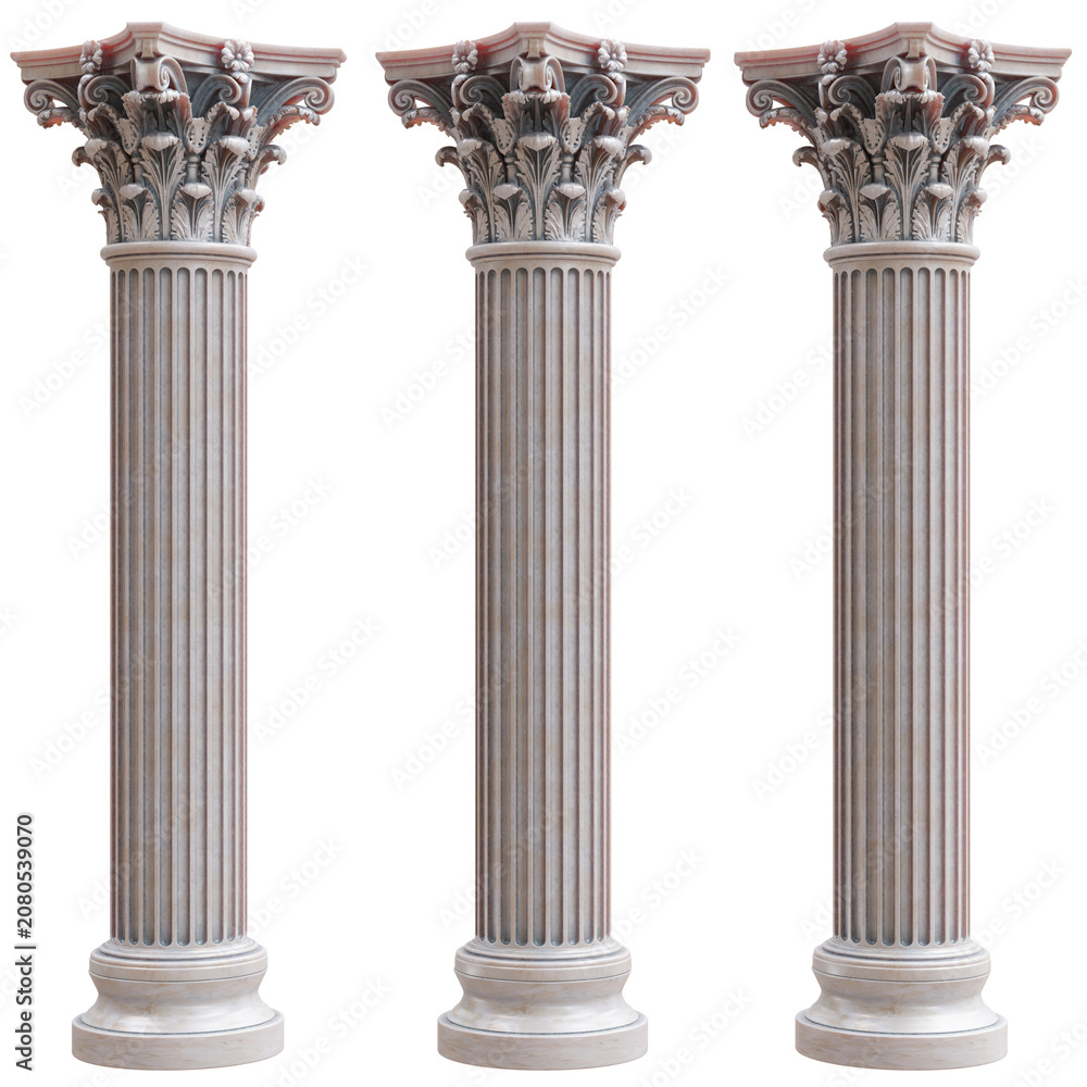 Obraz premium Three fluted marble Corinthian columns with carved acanthus capitals, isolated on white transparent for classical architectural design