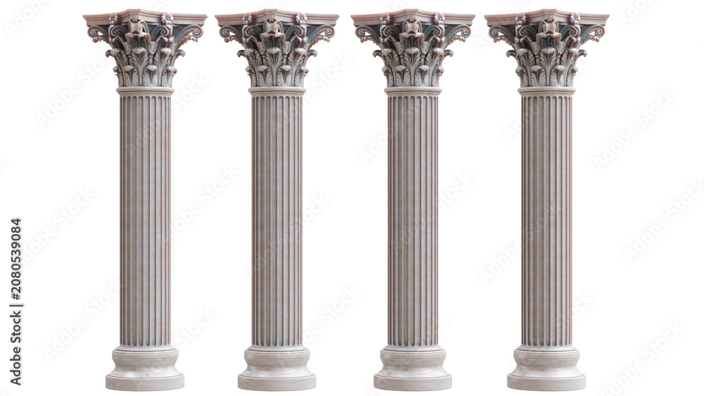 Obraz premium Four ornate Corinthian stone columns with carved capitals and fluted shafts stand in a row, isolated on white transparent