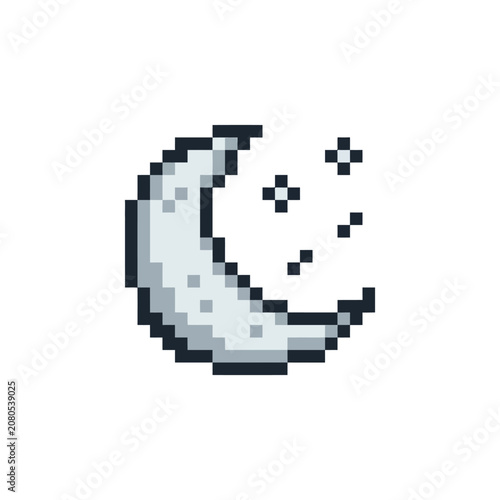 Pixel art crescent moon smiling face.