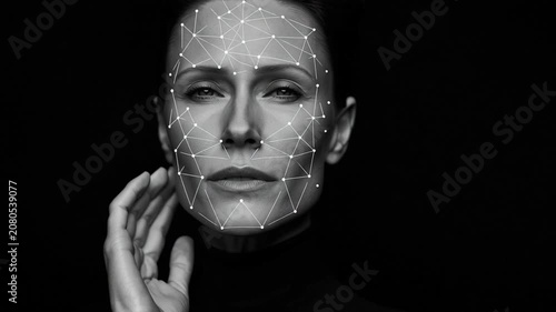 Facial recognition technology mapping woman face with connected points and lines black and white digital connection showing identity verification
