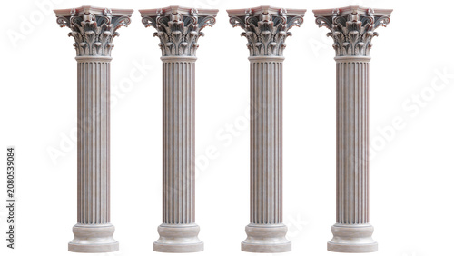 Four ornate Corinthian stone columns with carved capitals and fluted shafts stand in a row, isolated on white transparent