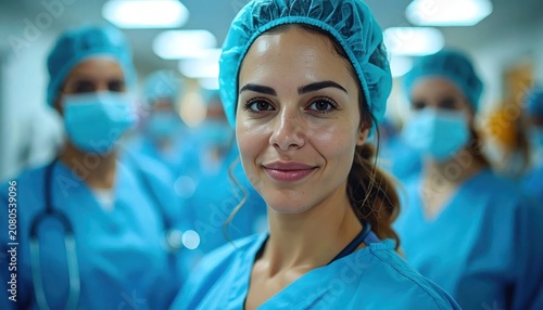 Female nurse in blue surgical scrubs standing in hospital.