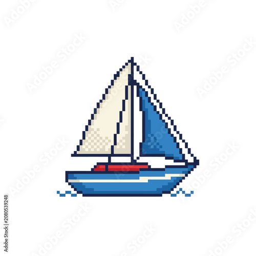 Pixel Art Blue Sailboat on Water.