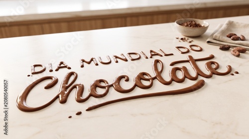 Tipografia em chocolate derretido escorrendo sobre superfície clara para campanhas modernas e impactantes do Dia Mundial do Chocolate