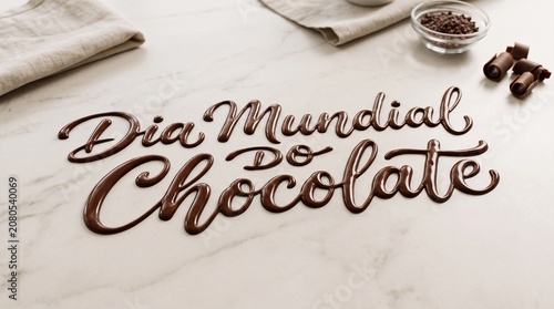 Tipografia em chocolate derretido escorrendo sobre superfície clara para campanhas modernas e impactantes do Dia Mundial do Chocolate