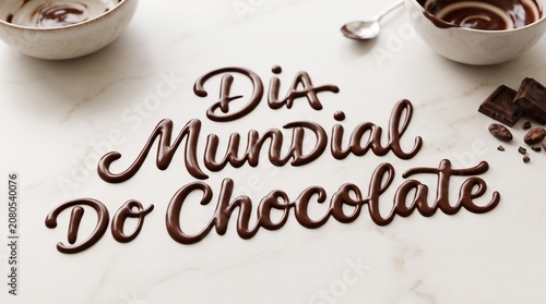 Tipografia em chocolate derretido escorrendo sobre superfície clara para campanhas modernas e impactantes do Dia Mundial do Chocolate