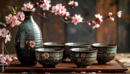 Floral ceramic sake bottles and cups set.