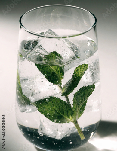 Refreshing Glass of Sparkling Water with Fresh Mint Leaves and Ice Cubes