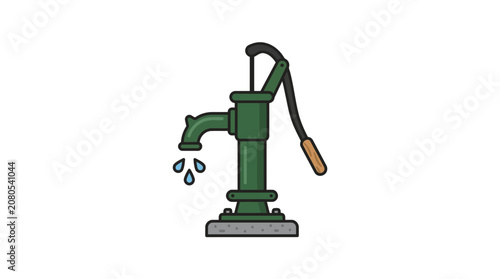 Vintage Green Water Pump Dripping Water Drops Isolated on White Background
