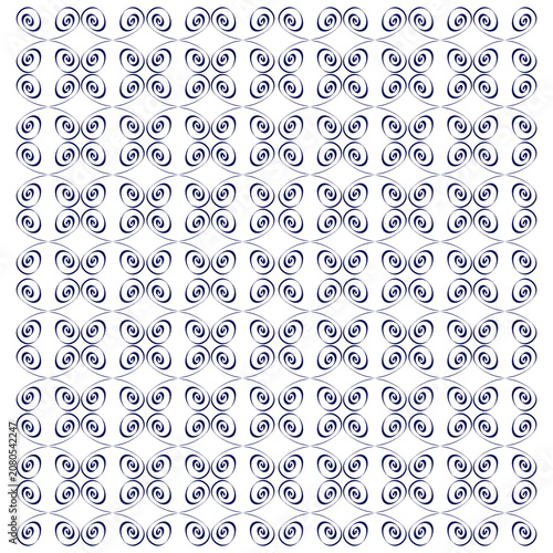 Padrão abstrato formado por espirais lineares azuis conectadas em composição contínua. Design elegante com movimento visual suave para estampas e superfícies decorativas.