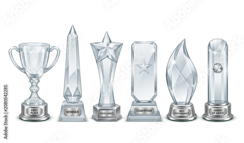 Glass Winner Trophy Vector Set - 3D Realistic Different Shapes with Silver Plate