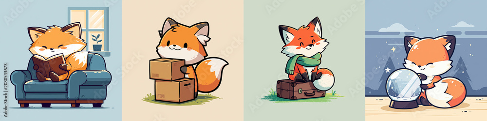 Fototapeta premium Cute fox sitting on sofa reading book, adorable animal with boxes, cozy scarf, and crystal ball in charming cartoon style