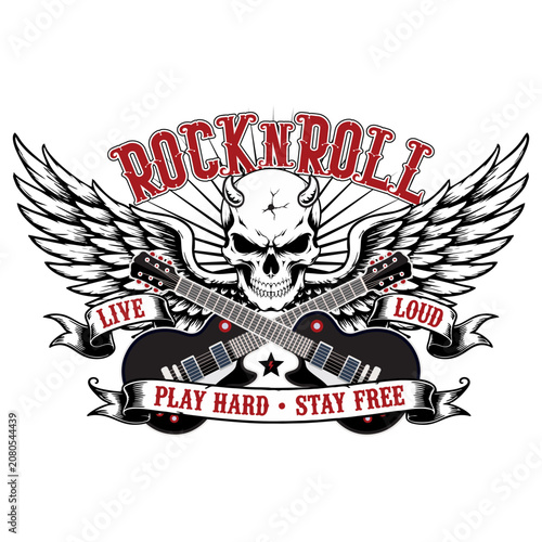 Rock and Roll Skull with Wings, Crossed Guitars and Vintage Banner Vector Illustration