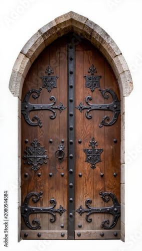 Collection of medieval gothic wooden church doors isolated on white background