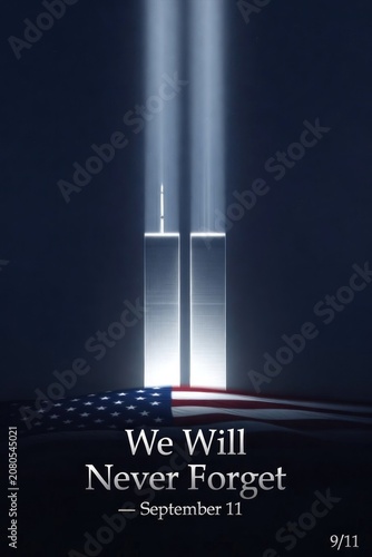 Light beams piercing night sky symbolize remembrance, honoring lives lost on September 11, 2001
