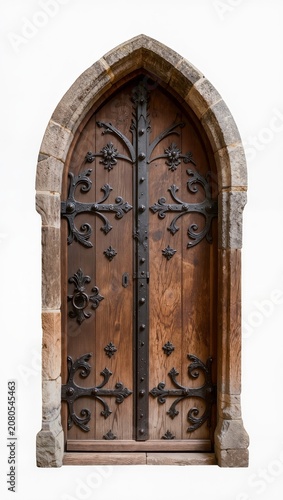 Collection of medieval gothic wooden church doors isolated on white background