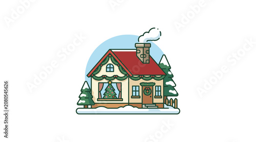 Cozy Christmas House with Snow, Tree, and Smoke from Chimney - Vector Illustration