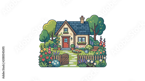 Charming Cottage House with Lush Garden and Blooming Flowers