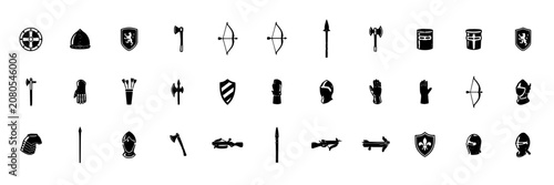 Medieval Weapon and Armor Icons Set with Shields Swords Axes Bows Helmets and Cross Symbols in Monochrome Style