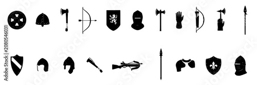 Medieval Weapon and Armor Icons Set with Shields Swords Spears Helmets and Fantasy Heraldry Silhouettes