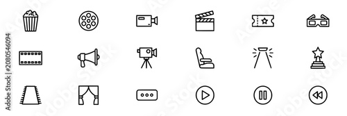 Movie Icons Including Popcorn, Film Reel, Camera, Clapperboard, Ticket, and More Featuring Glasses, Megaphone, Tripod with Seat