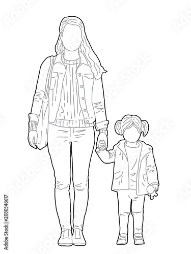 Mother and Child Walking, Isolated PNG on Transparent Background for Architectural Visualization - Minimalist line art illustration