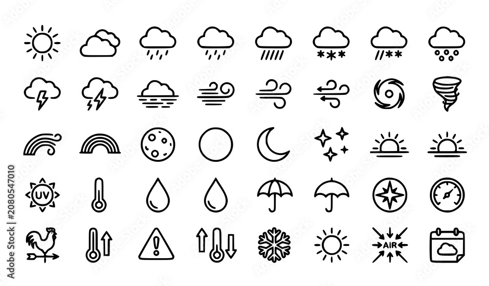 Fototapeta premium Weather Outline Icon Collection Featuring Sun Cloud Rain Snow Wind Storm Moon and Forecast Symbols