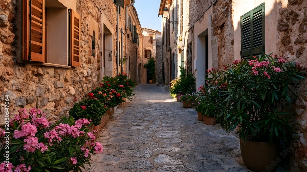 Obraz premium A charming and warm view of an old town passage featuring textured stone pavement wooden shutters and vibrant flower boxes