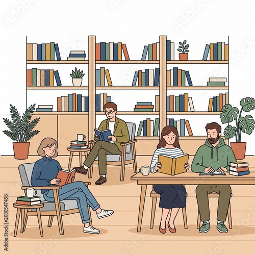 Young adults reading books in a library setting with a calm atmosphere