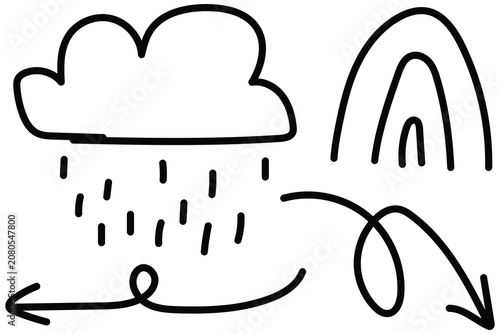 Hand drawn vector graphics of a rain cloud with arrow pointing to rainbow