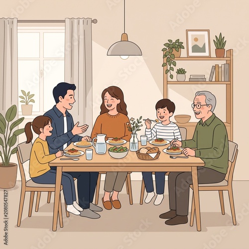 Multigenerational family sharing a meal at the dining table in a cozy home
