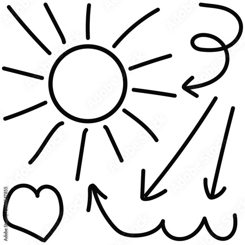 Hand drawn vector graphics of sun with arrows and heart