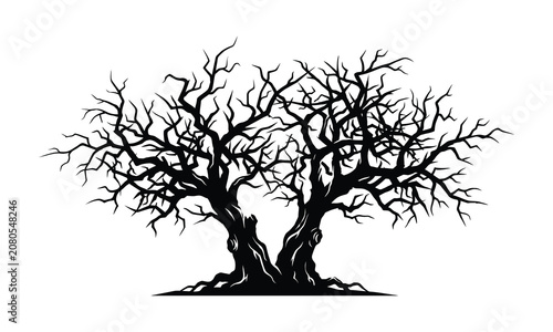 Obraz na plátne Spooky Halloween dead tree silhouette vector illustration with gnarly bare branc