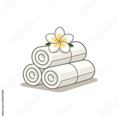 Stacked rolled white rolled white towels with flower