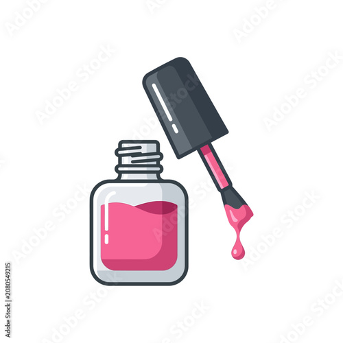 Pink nail polish bottle and brush.