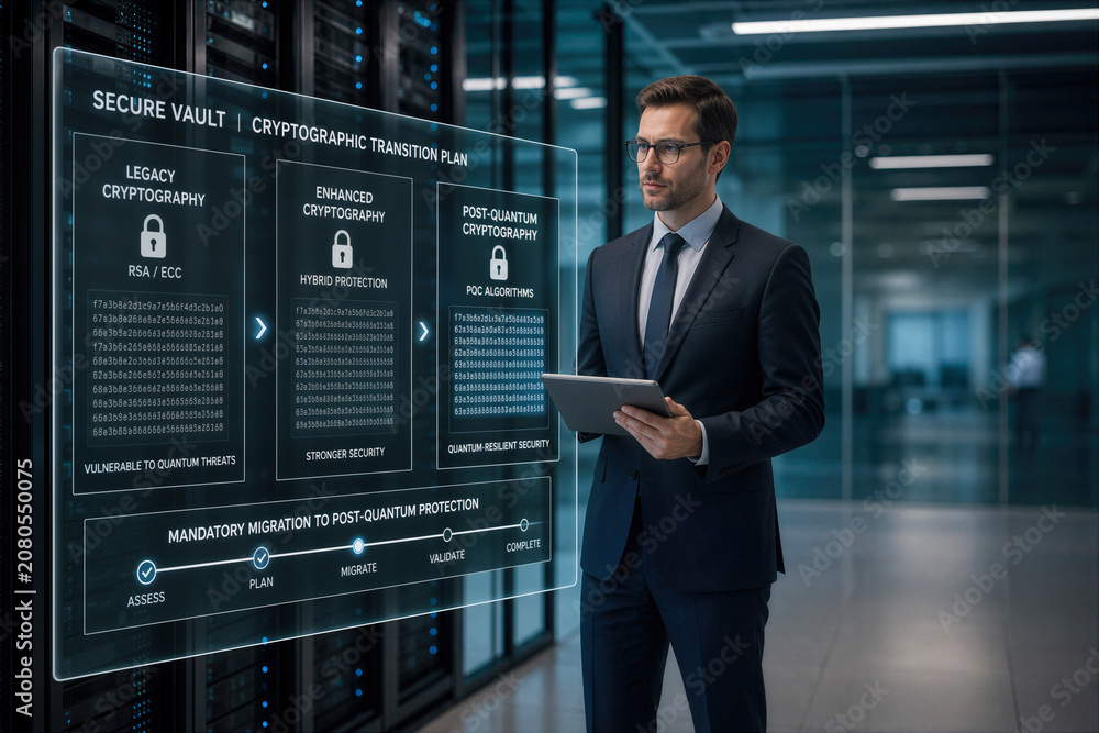 Fototapeta premium Modern banking cybersecurity concept with secure digital vault post-quantum cryptography migration plan professional financial analyst reviewing transition in corporate server room