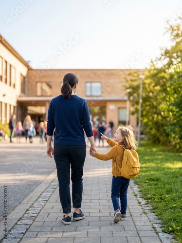 Mother Walking Daughter to School on First Day of School, Family Lifestyle Concept
