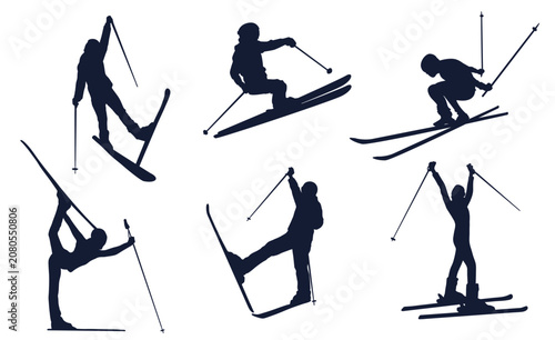Bild auf Leinwand Skiing Silhouettes Set Against White Background alpine